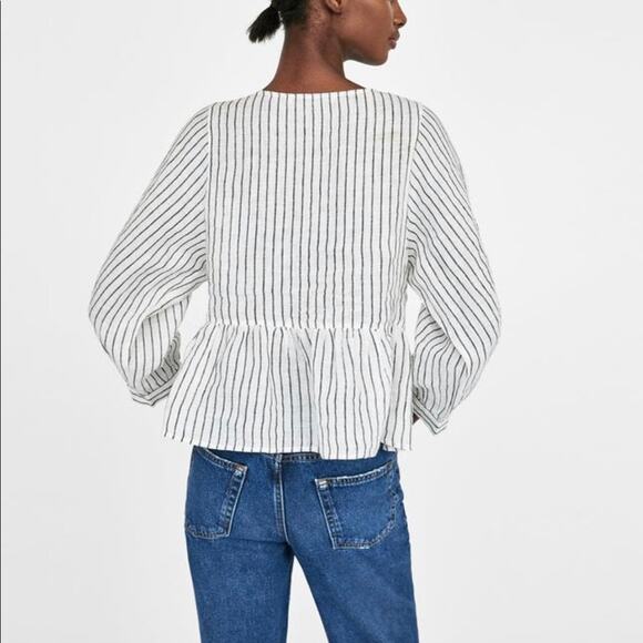 Zara Embroidered Linen Pompom Peplum Top Striped Boho 3/4 Sleeves Sz S - Picture 2 of 11